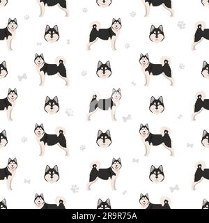 Alaskan malamute all colours seamless pattern. Different coat colors and poses set.  Vector illustration Stock Vector