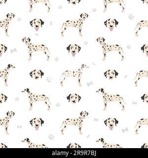 Dalmatian dogs seamless pattern. Different poses, coat colors set.  Vector illustration Stock Vector