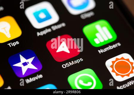 A close up of the OSMaps app icon on an Apple smartphone screen. Stock Photo