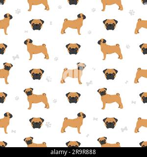 Pug seamless pattern. Different poses, coat colors set.  Vector illustration Stock Vector