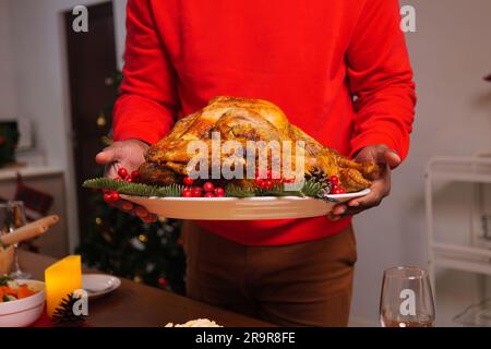 Christmas dinner with roasted turkey, Special food on table in the dinning room for Christmas dinner celebration, Christmas and Thanksgiving Stock Photo