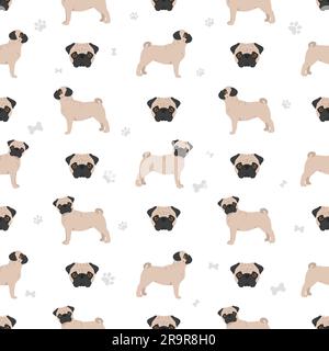 Pug seamless pattern. Different poses, coat colors set.  Vector illustration Stock Vector