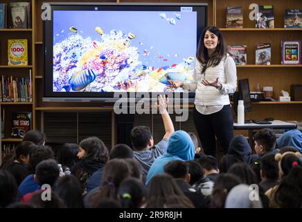 Diana Trujillo at Rolling Terrace E.S.. NASA Technical Group Supervisor for Sequence Planning and Execution and Tactical Mission Lead for the Mars Perseverance rover, Diana Trujillo, speaks to students at Rolling Terrace Elementary School, Monday, March 13, 2023, in Takoma Park, Maryland. Stock Photo