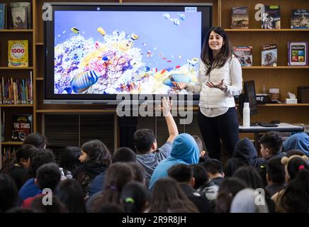 Diana Trujillo, NASA Technical Group Supervisor and Mars Perseverance Tactical Mission Lead, addressed students at Rolling Terrace Elementary School in Takoma Park, Maryland, on March 13, 2023, discussing sequence planning and rover operations. Stock Photo