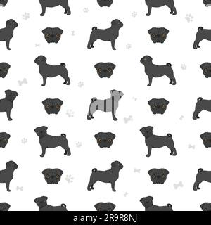 Pug seamless pattern. Different poses, coat colors set.  Vector illustration Stock Vector