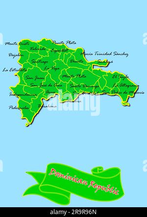 Map of Dominican Republic with Subregions in Green Country Name in Red Stock Photo