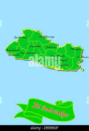 Map of El Salvador with Subregions in Green Country Name in Red Stock Photo