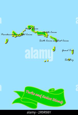 Map of Turks and Caicos Islands with Subregions in Green Country Name in Red Stock Photo