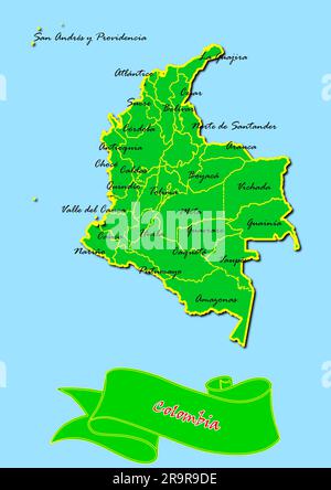 Map of Colombia with Subregions in Green Country Name in Red Stock Photo