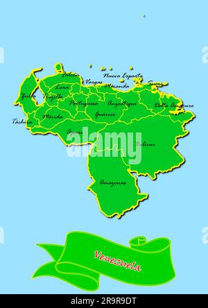 Map of Venezuela with Subregions in Green Country Name in Red Stock Photo