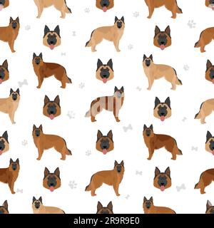 Belgian Tervuren seamless pattern. Different poses, coat colors set.  Vector illustration Stock Vector