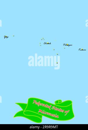 Map of Federated States of Micronesia with Subregions in Green Country Name in Red Stock Photo