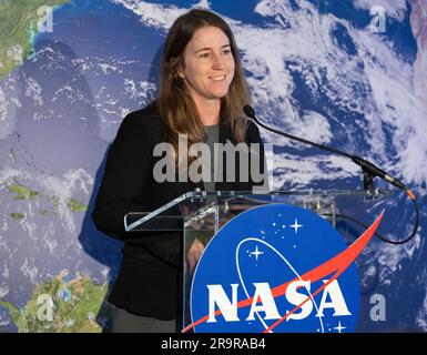 NASA’s Earth Information Center Ribbon Cutting. Kate Calvin, NASA’s Chief Scientist, speaks before the ribbon cutting ceremony to open NASA’s Earth Information Center, Wednesday, June 21, 2023, at the Mary W. Jackson NASA Headquarters building in Washington. The Earth Information Center is new immersive experience that combines live data sets with cutting-edge data visualization and storytelling to allow visitors to see how our planet is changing. Stock Photo