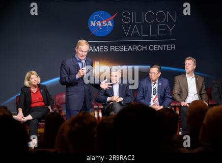 NASA Administrator Bill Nelson, Deputy Administrator Pam Melroy, and Associate Administrator Bob Cabana visit Ames Research Center in California. They meet with the workforce during a 'Moon to Mars' town hall in the N201 Syvertson Auditorium alongside Ames Director Eugene Tu and Director of Space Architectures Kurt Vogel. Stock Photo