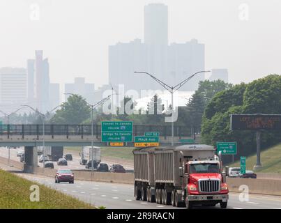 Detroit, Michigan, USA. 28th June, 2023. Smoke from wildfires in Canada obscures downtown Detroit. Air quality in the city was ranked as the second worst in the world and residents were urged to stay indoors. Credit: Jim West/Alamy Live News Stock Photo
