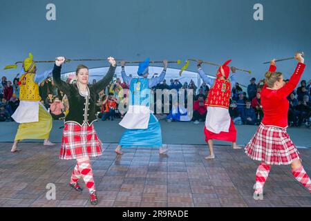 Dance Fusion collaboration with Highland and Punjabi Bhangra dancers, Scotfest,Town Centre Park, Coquitlam, British Columbia, Canada, Stock Photo