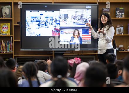 Diana Trujillo at Rolling Terrace E.S.. NASA Technical Group Supervisor for Sequence Planning and Execution and Tactical Mission Lead for the Mars Perseverance rover, Diana Trujillo, speaks to students at Rolling Terrace Elementary School, Monday, March 13, 2023, in Takoma Park, Maryland. Stock Photo