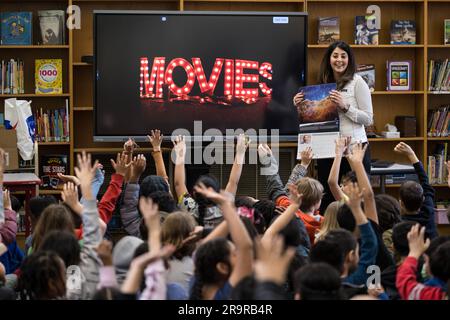 Diana Trujillo at Rolling Terrace E.S.. NASA Technical Group Supervisor for Sequence Planning and Execution and Tactical Mission Lead for the Mars Perseverance rover, Diana Trujillo, speaks to students at Rolling Terrace Elementary School, Monday, March 13, 2023, in Takoma Park, Maryland. Stock Photo