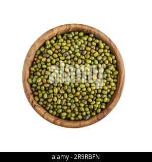 Dry raw organic mung beans in wooden bowl isolated on white  background. Top view Stock Photo
