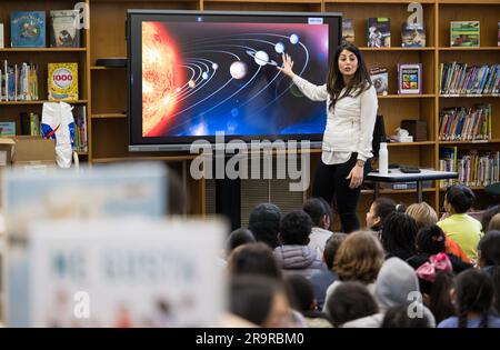 Diana Trujillo at Rolling Terrace E.S.. NASA Technical Group Supervisor for Sequence Planning and Execution and Tactical Mission Lead for the Mars Perseverance rover, Diana Trujillo, speaks to students at Rolling Terrace Elementary School, Monday, March 13, 2023, in Takoma Park, Maryland. Stock Photo