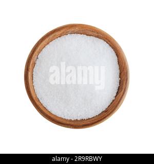 Sea salt in wooden bowl isolated on white background. Top view Stock Photo