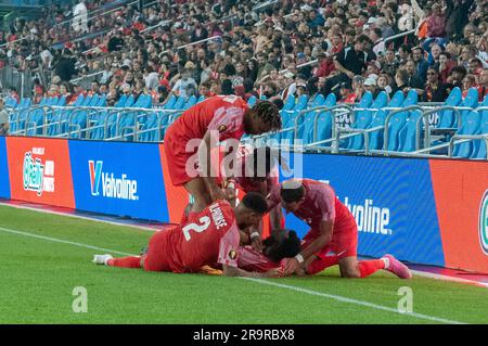 Toronto, ON, Canada - June 27, 2023: Guadeloupe players celebrate the goal during the  2023 Concacaf Gold Cup match between national team of Canada an Stock Photo