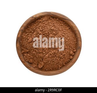 Cocoa  powder  in wooden bowl isolated on white background, top view Stock Photo