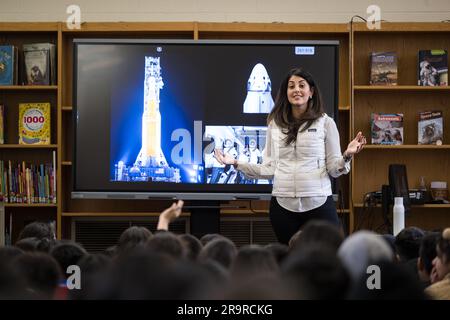 Diana Trujillo at Rolling Terrace E.S.. NASA Technical Group Supervisor for Sequence Planning and Execution and Tactical Mission Lead for the Mars Perseverance rover, Diana Trujillo, speaks to students at Rolling Terrace Elementary School, Monday, March 13, 2023, in Takoma Park, Maryland. Stock Photo