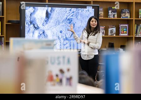 Diana Trujillo at Rolling Terrace E.S.. NASA Technical Group Supervisor for Sequence Planning and Execution and Tactical Mission Lead for the Mars Perseverance rover, Diana Trujillo, speaks to students at Rolling Terrace Elementary School, Monday, March 13, 2023, in Takoma Park, Maryland. Stock Photo