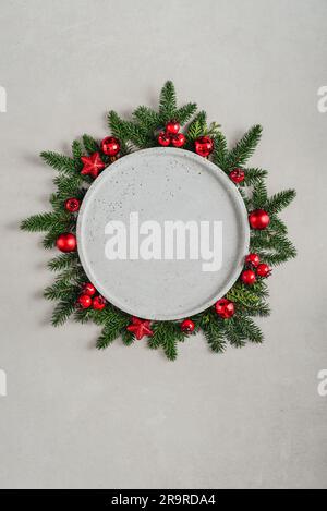 Paper Border Frame Red Christmas Border with Evergreen Branches, Red Baubles and Dried Orange ...