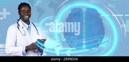Young black man doctor using digital tablet, checking patient anamnesis Stock Photo