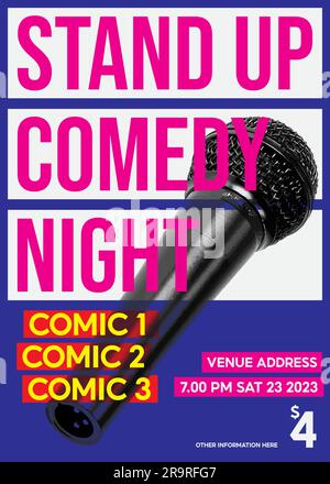 Stand Up Comedy poster event, standup night post or banner for events, open mic for comedy cafe brochure or pamphlet a5 a4 a3 a2 Standup comedy show Stock Vector