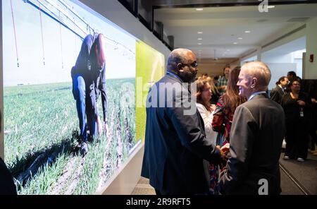 NASA’s Earth Information Center Ribbon Cutting. NASA Administrator Bill Nelson, right, and Michael Morgan, Assistant Secretary of Commerce for Environmental Observation and Prediction at the National Oceanic and Atmospheric Administration (NOAA), are seen in front of the hyperwall following the ribbon cutting ceremony to open NASA’s Earth Information Center, Wednesday, June 21, 2023, at the Mary W. Jackson NASA Headquarters building in Washington. The Earth Information Center is new immersive experience that combines live data sets with cutting-edge data visualization and storytelling to allow Stock Photo