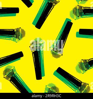 seamless pattern with Mic or Microphone. Music backdrop for textile, clothes wrapping paper, wallpaper. yellow background with karaoke or musical Stock Vector