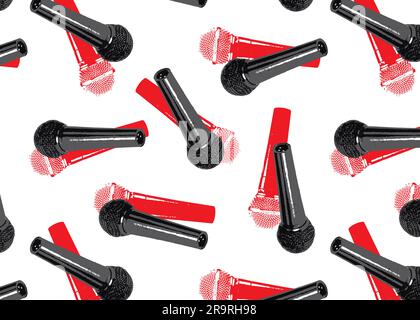 seamless pattern with Mic or Microphone. Music backdrop for textile, clothes, wrapping paper, wallpaper. red background with karaoke musical element Stock Vector
