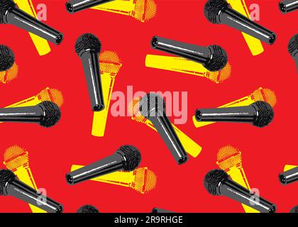 seamless pattern with Mic or Microphone. Music backdrop for textile, clothes, wrapping paper, wallpaper. red background with karaoke musical element Stock Vector