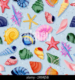 Seashells on blue water background. Colorful summer travel seamless pattern. Vector flat cartoon illustration of sea shells. Tropical fashion textile Stock Vector