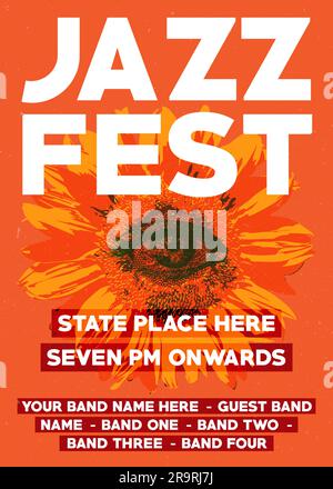 jazz music festival or fest, jazz night gigs poster, brochure or flyer or pamphlet, orange sun flower and eye theme with place and guest band list Stock Vector