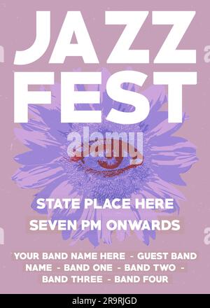 jazz music festival or fest, jazz night gigs poster, brochure or flyer or pamphlet, orange sun flower and eye theme with place and guest band list Stock Vector