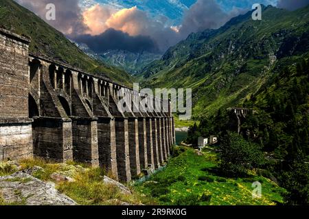 Italy Lombardy Province of Bergamo The Gleno dam was a barrier on the Gleno stream which collapsed on 1 December 1923,  causing a tragedy that struck the Valle di Scalve in the province of Bergamo and the Val Camonica in the province of Brescia Stock Photo