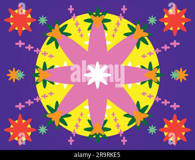 hippie graphic elements decorative flower blotter geometric floral ornament trippy psychedelic 80s purple pink yellow red, corona pop icon symbol Stock Vector