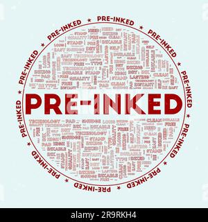 Pre-inked - round badge. Text pre-inked with keywords word clouds and circular text. Cacodemon Red color theme and grunge texture. Stock Vector