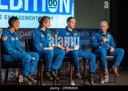 NASA’s SpaceX Crew-3 Employee Engagement Event. NASA’s SpaceX Crew-3 astronauts, from left to right, Raja Chari, Kayla Barron, Tom Marshburn, and Mark Vande Hei participate in an employee engagement event, Wednesday, Dec. 7, 2022, at the Mary W. Jackson NASA Headquarters Building in Washington. Stock Photo