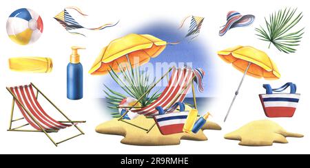 Sandy beach with sun umbrella, striped sun lounger and kite against sea and sky. watercolor illustration, hand drawn. Isolated summer composition with Stock Photo