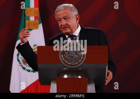 Mexico City, Mexico. 28th June, 2023. June 28, 2023 in Mexico City, Mexico: President of Mexico, Andres Manuel Lopez Obrador, speaks during the daily morning briefing conference in front of reporters at the national palace, on June 28, 2023 in Mexico City, Mexico. (Photo by Carlos Santiago/ Credit: Eyepix Group/Alamy Live News Stock Photo