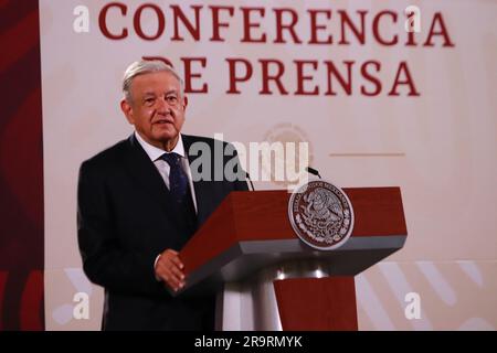 Mexico City, Mexico. 28th June, 2023. June 28, 2023 in Mexico City, Mexico: President of Mexico, Andres Manuel Lopez Obrador, speaks during the daily morning briefing conference in front of reporters at the national palace, on June 28, 2023 in Mexico City, Mexico. (Photo by Carlos Santiago/ Credit: Eyepix Group/Alamy Live News Stock Photo