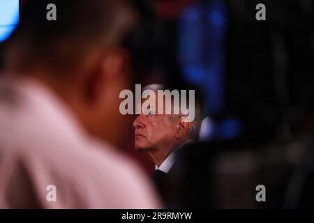 Mexico City, Mexico. 28th June, 2023. June 28, 2023 in Mexico City, Mexico: President of Mexico, Andres Manuel Lopez Obrador, speaks during the daily morning briefing conference in front of reporters at the national palace, on June 28, 2023 in Mexico City, Mexico. (Photo by Carlos Santiago/ Credit: Eyepix Group/Alamy Live News Stock Photo