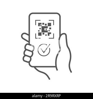 Mobile application, QR code scanning in smartphone black line icon. City transport rental. Pictogram for web, mobile app, promo. UI UX design element Stock Vector