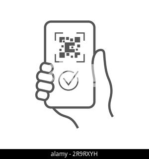 QR code scanning icon in smartphone. Hand holding mobile phone in line style, barcode scanner for pay, web, mobile app, promo. Vector illustration Stock Vector