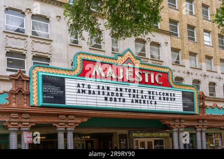 San Antonio, Texas, USA – May 9, 2023: The marquee of the Majestic Theater located in downtown San Antonio, Texas. Stock Photo